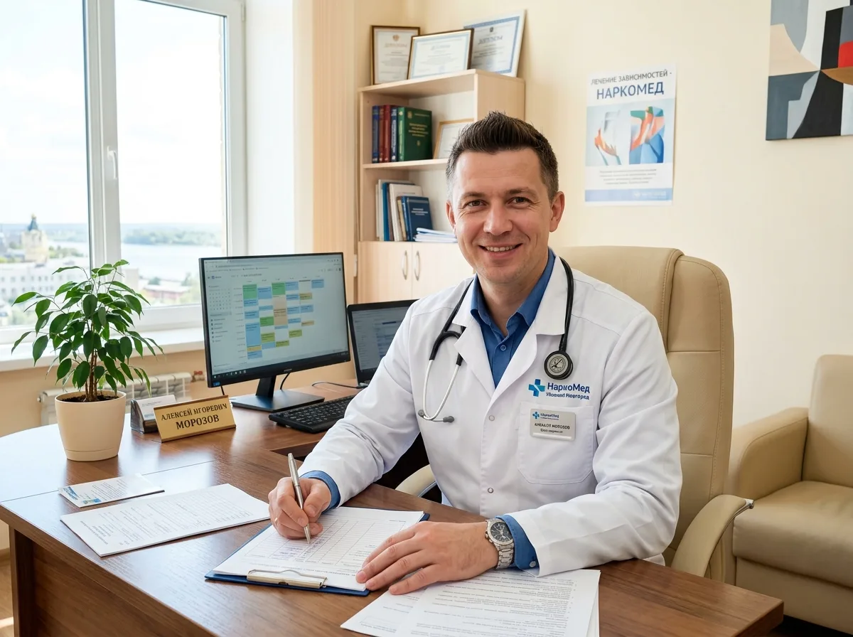 Врач-нарколог частной клиники НаркоМед в Нижнем Новгороде — уверенный специалист в белом халате со стетоскопом, медицинский кабинет, светлое помещение, атмосфера профессионализма и заботы