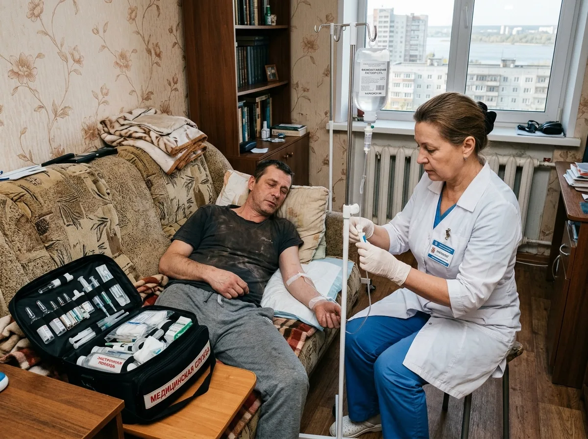 Врач-нарколог ставит капельницу пациенту на дому в Нижнем Новгороде — домашняя обстановка, медицинский чемодан, инфузионные системы, экстренная помощь при запое