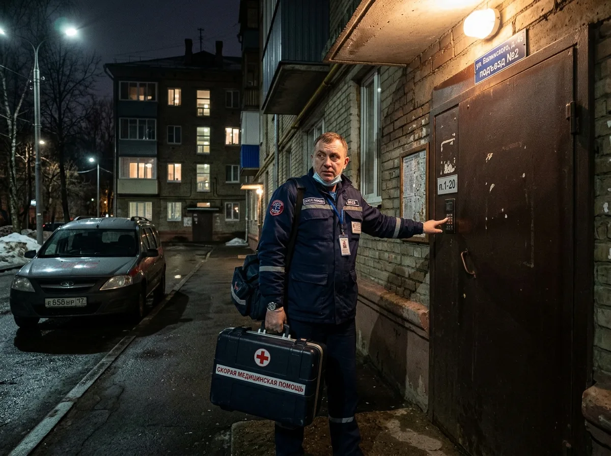 Нарколог выезжает на дом в Нижнем Новгороде — медик с чемоданом у входной двери жилого дома, ночной выезд, экстренная помощь, быстрое прибытие